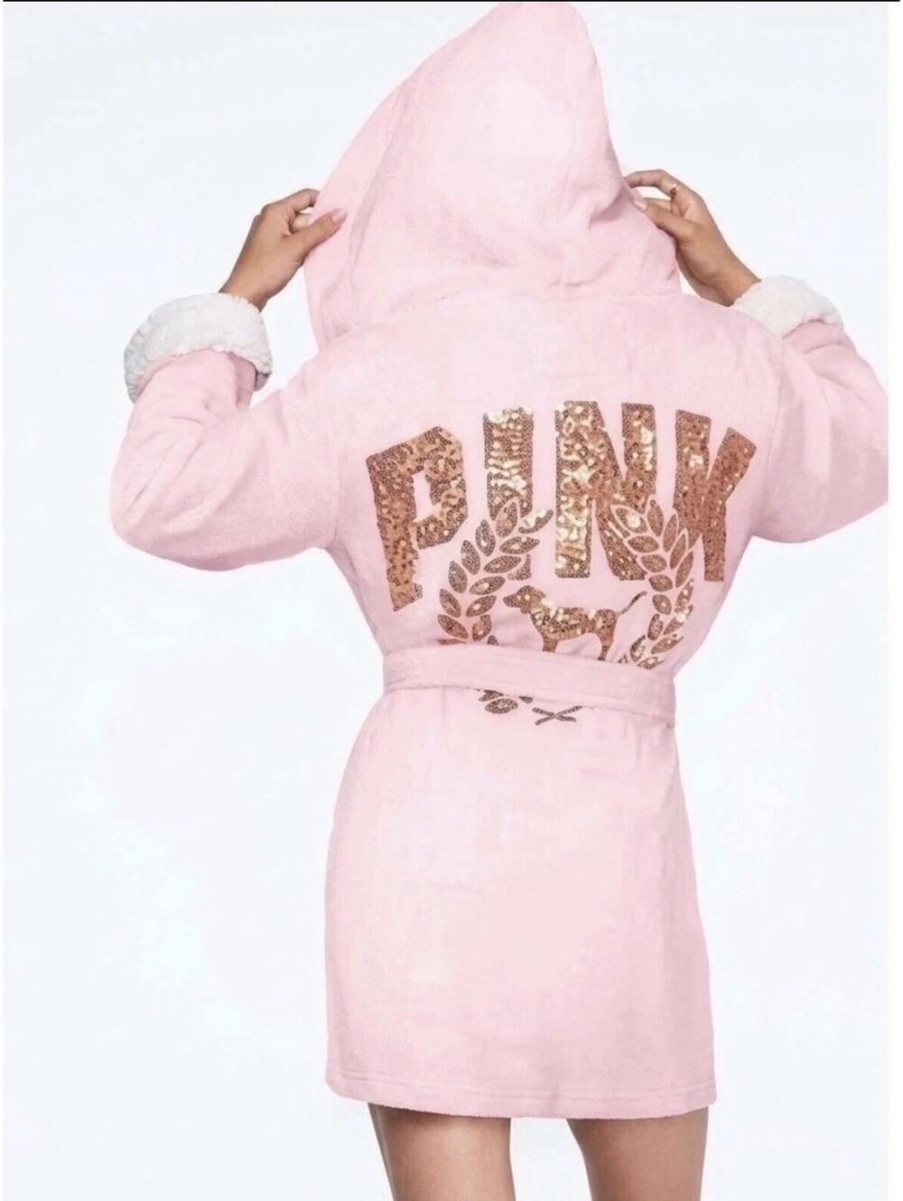 Victoria's Secret PINK Cozy Short Robe Super Plush Light Pink Gold Sequin XS/S